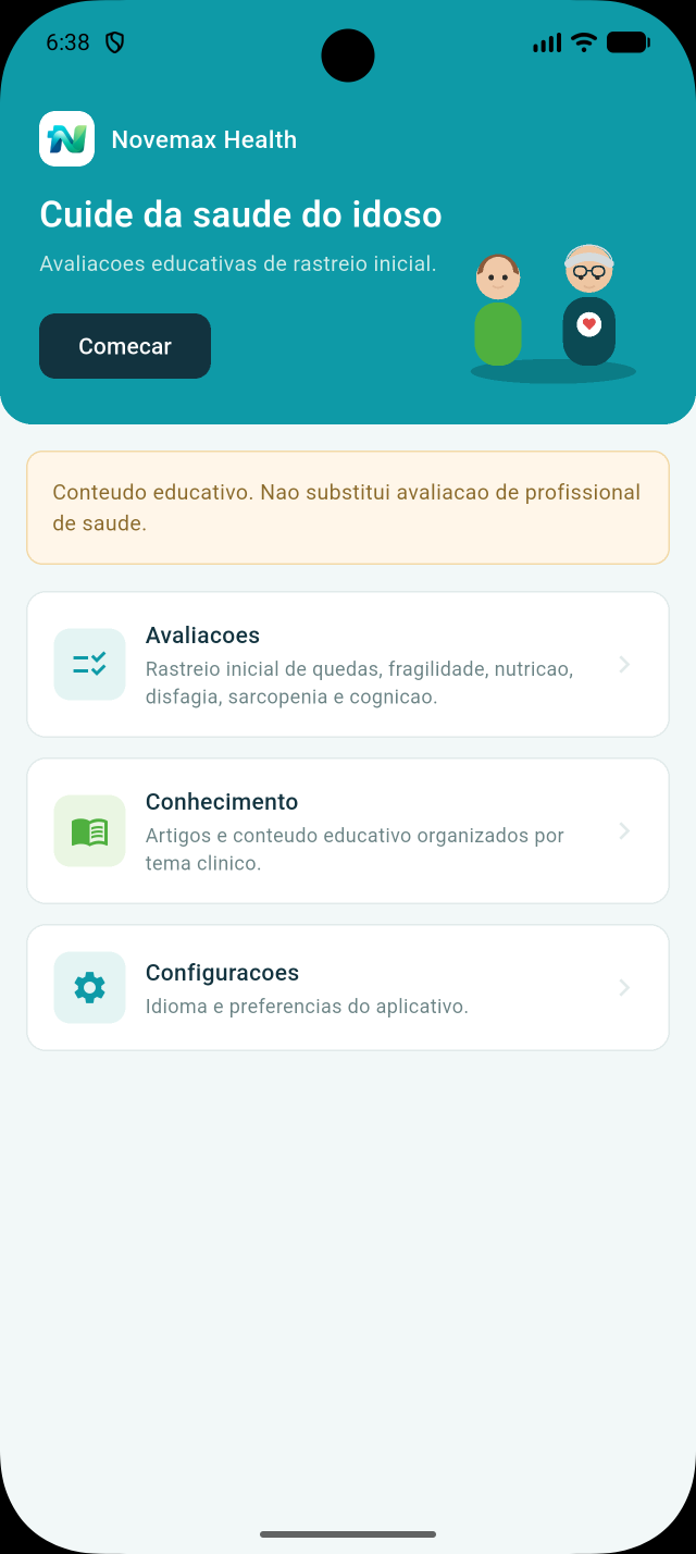 Tela inicial do aplicativo Novemax Health com avaliações educativas de saúde do idoso